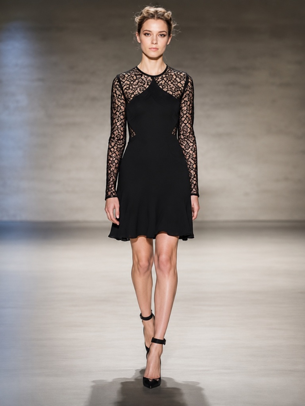 Lela Rose Black Dress Sheer Polka Dot Mesh Sleeves Panel Detail NY Made, Elegant